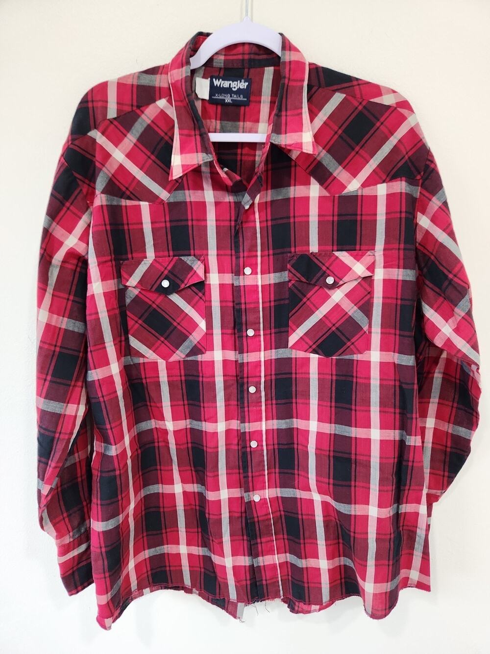 Vintage Wrangler Pearl Snap Men's X-Long Tails Plaid Red Black Cowboy XXL READ